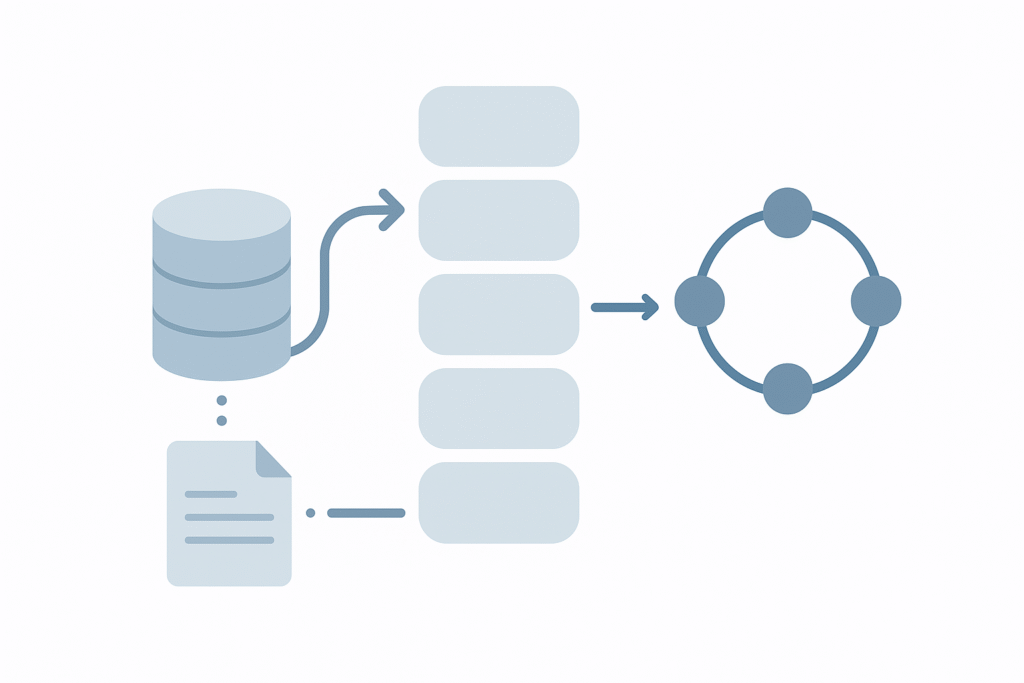 Ilustración minimalista de flujo de datos: base de datos y documento hacia pasos y bucle circular, en tonos azules, sin texto.