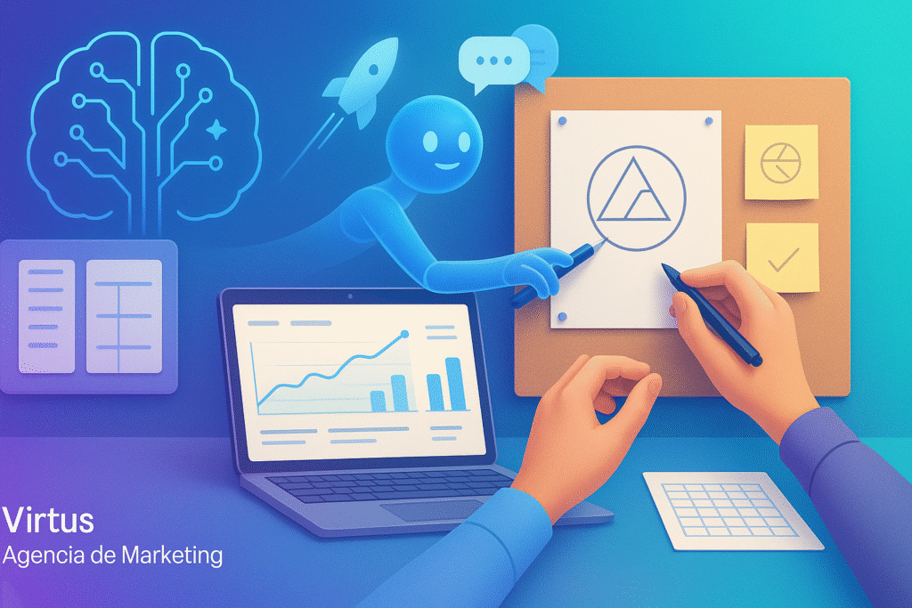 IA y ChatGPT como copiloto: mano humana y asistente digital co-crean logo; laptop con KPIs — Virtus Agencia de Marketing