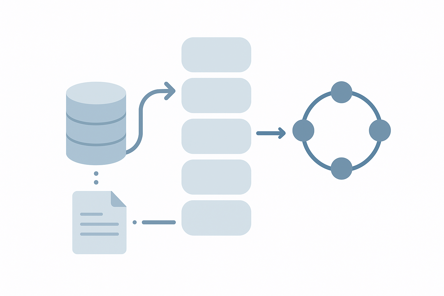Ilustración minimalista de flujo de datos: base de datos y documento hacia pasos y bucle circular, en tonos azules, sin texto.