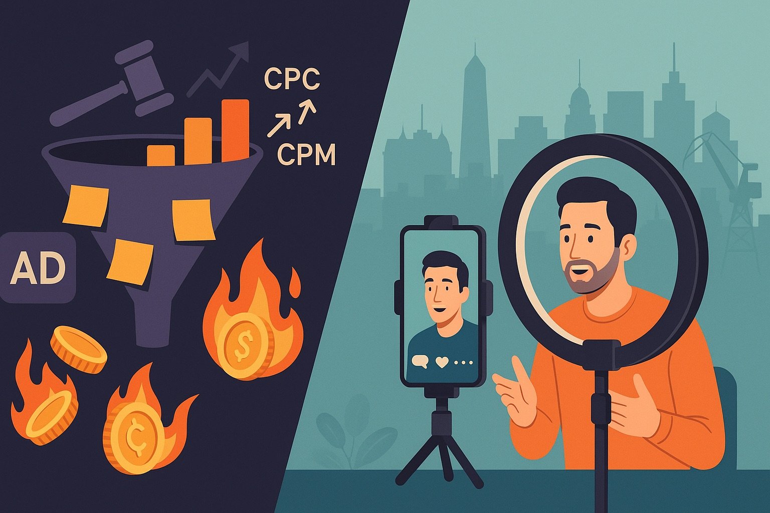 Ilustración del contraste entre embudos pagos con CPC/CPM en alza y la marca personal del fundador como motor de ventas en Buenos Aires.